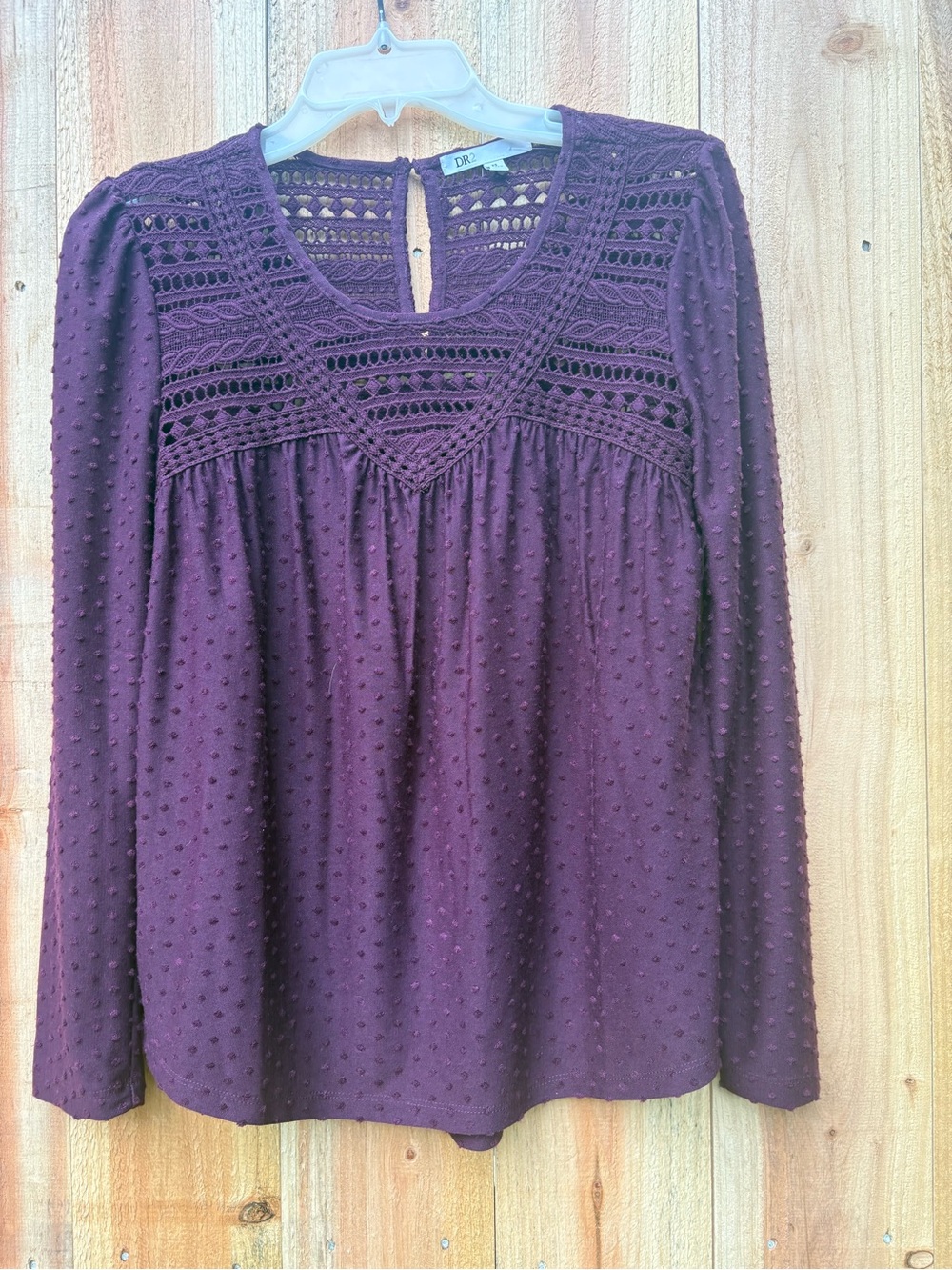 Daniel Rainn Burgundy Crochet Yoke Long Sleeve Blouse Size S